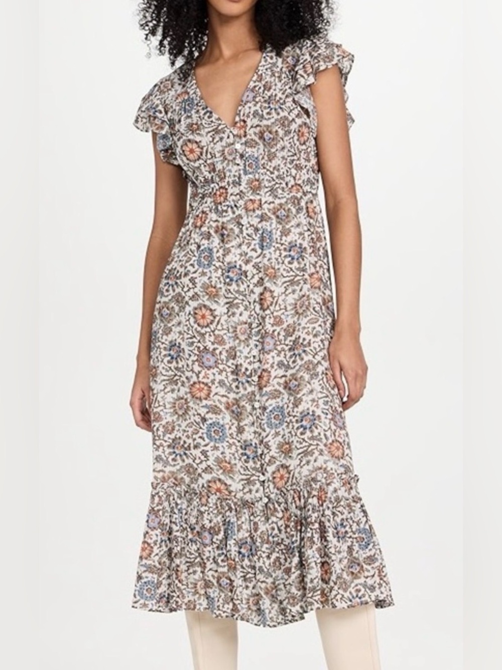 Veronica Beard Cream Floral Midi Dress with Blue & Brown Motif